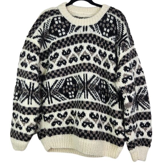 Vintage Other - Vintage 80s L Chunky Wool Crew Neck Sweater Brown Nordic Hearts Fair Isle Cozy